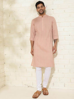 Fabindia - Peach Cotton Knee Length Slim Fit Striped Mandarin Collar Kurta