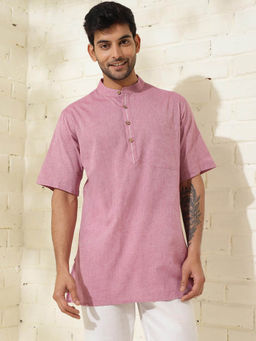 Fabindia - Pink Cotton Waist Length Regular Fit Woven Mandarin Collar Kurta