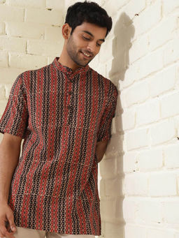 Fabindia - Black & Red Cotton Ajrakh Print Mandarin Collar Kurta