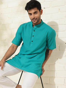 Fabindia - Teal Cotton Waist Length Regular Fit Dobby Woven Mandarin Collar Kurta