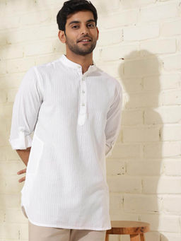 Fabindia - White Cotton Dobby Stripes Mandarin Collar Roll-Up Sleeve Kurta