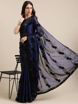 Vastranand - Blue Flower Ribbon Work Party Wear Saree with Unstitched Blouse