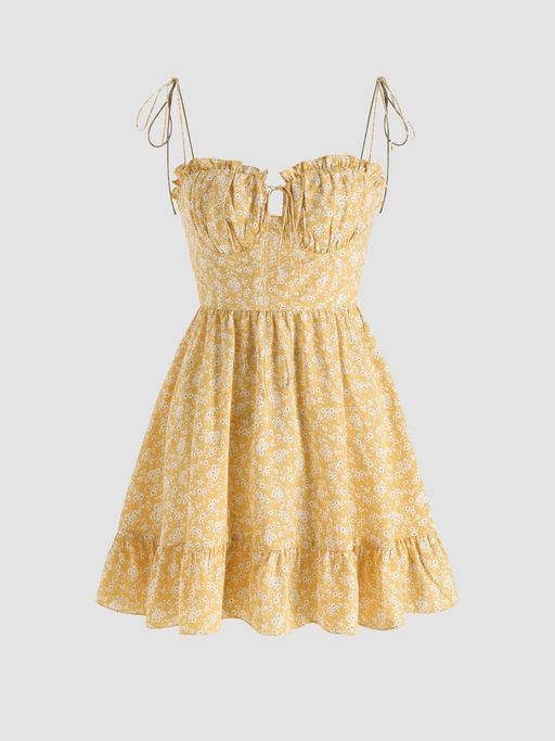 ditsy floral tie shoulder mini dress Women's Ditsy Floral Tie Shoulder Shirred Smocked Back Frilled Tiered Spaghetti Strap Cami Mini Dress In LIGHT PINK