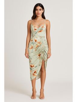 Cider - Green Floral Satin Ruched Midi Dress