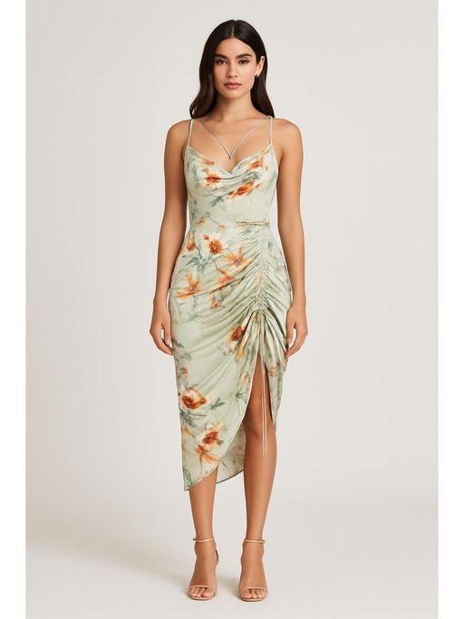 cider floral midi dress Cider Floral Insect Print Midi Dress 3X 4X Cotton Tie Shoulder Green Cottagecore