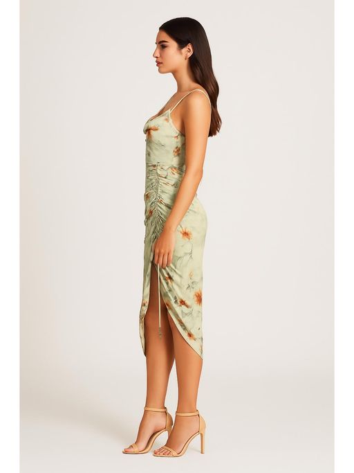 Buy Cider Green Floral Satin Ruched Midi Dress Online