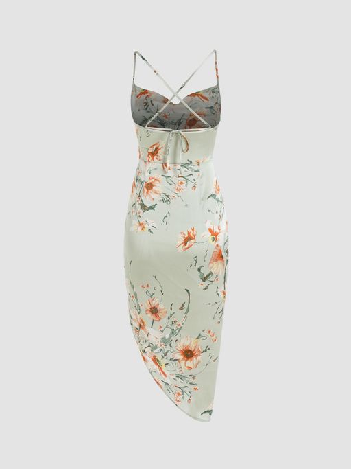 Buy Cider Green Floral Satin Ruched Midi Dress Online Buy Cider Green Floral Satin Ruched Midi Dress Online