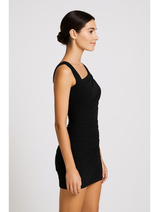 Buy Cider Black Solid Mesh Asymmetrical Neck Dress Online