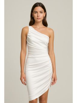 Cider - Solid Satin Asymmetrical Ruched Midi Dress