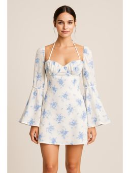 Cider - Floral Bell Sleeve Halter Knotted Mini Dress