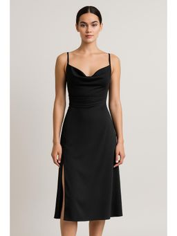 Cider - Solid Cowl Neck Slit Midi Dress