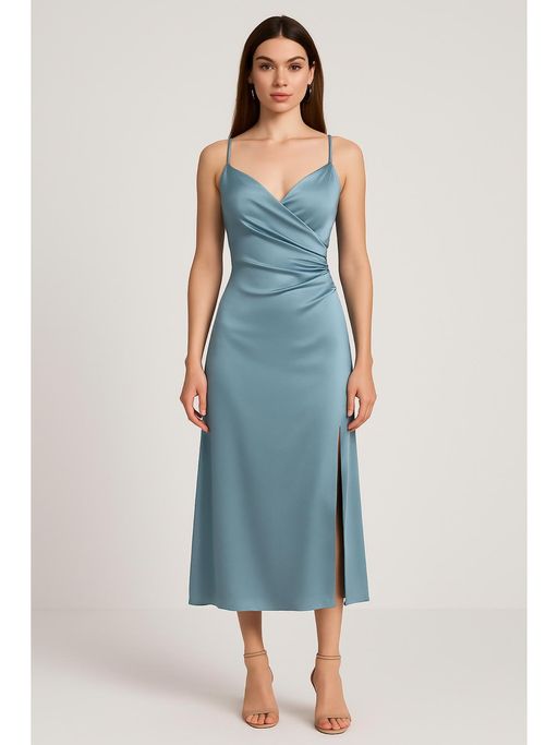 cider solid satin slit midi dress Cider | Dresses | Satin Midi Dress With Slit Cider