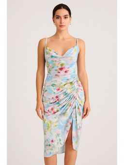 Cider - Illusion Floral Ruched Cowl Neck Midi Dress