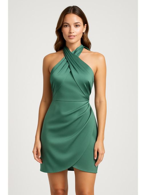 Buy Teal Solid Cross Halter Satin Dress Online