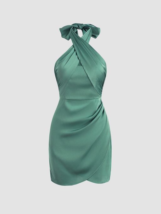 cider solid cross halter satin dress Buy Teal Solid Cross Halter Satin Dress Online
