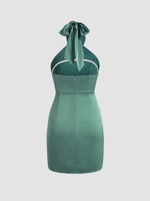 Buy Teal Solid Cross Halter Satin Dress Online