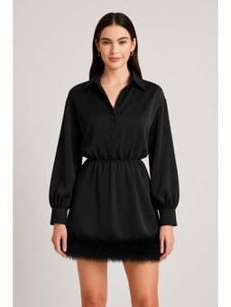 Cider - Faux Feather Trim Collar Short Dress