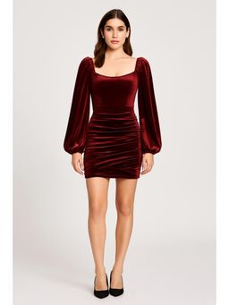 Cider - Solid Velvet Scoop Neckline Mini Dress