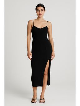 Cider - Black Knit Solid Cami Split Midi Dress