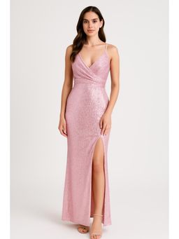 Cider - Pink Sequin Plunging Neck Split Maxi Dress