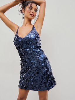 Cider - Sequins U Neckline Criss Cross Mini Dress