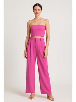 Cider - Solid Shirred Tube Top and High Waist Pants Set (Set of 2)