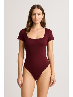 Cider - Wine Solid Square Neck Short Sleeve Bodysuit