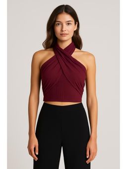 Cider - Wine Cross Halter Shirred Back Crop Top