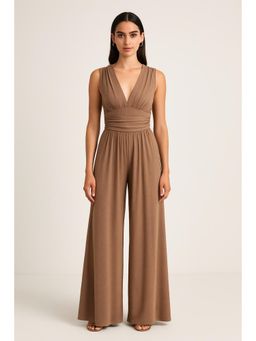 Cider - Brown V-Neck Ruched Solid Wide Leg Jumpsuit