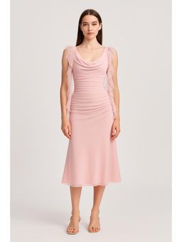 Cider - Pink Cowl Neck Solid Ruffle Hem Ruched Maxi Dress