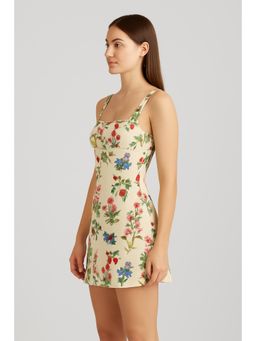 Cider - Beige Square Neck Floral & Fruit Graphic Mini Dress