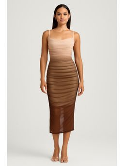 Cider - Tan Mesh Gradient Ruched Midi Dress