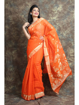 Arhi - Orange Silk Cotton Handwoven Soft Saree With Zari Work