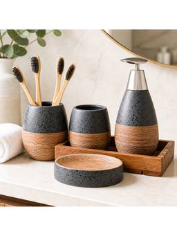 Voncasa - Black Stone Finish Ceramic Bathroom Accessories (Pack of 4)