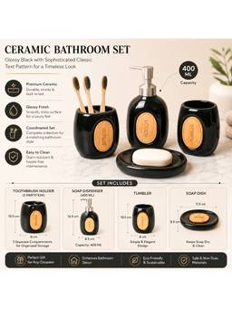 Voncasa - Black Classic Text Ceramic Bathroom Accessories (Pack of 4)