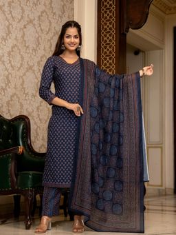 Vaamsi - Women Navy Blue Poly Rayon Ajrakh Printed Straight Kurta Pant & Dupatta (Set of 3)