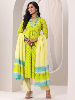 Libas - Yellow Floral Kurta with Pant and Dupatta (Set of 3)