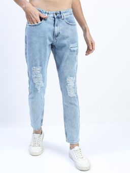 HIGHLANDER - Men Blue Solid Highly Distressed Heavy Fade Stretchable Jeans