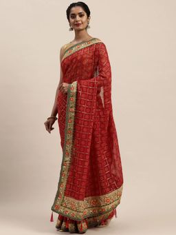 Vastranand - Maroon & Golden Printed Bandhani Saree with Unstitched Blouse