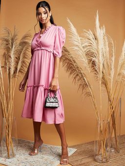Styli - Pink Ruffle Detail Gathered Puff Sleeve Midi Dress