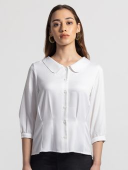 SHAYE - Peter Pan Collar White Solid Three-Quarter Sleeves Casual Shirt for Women