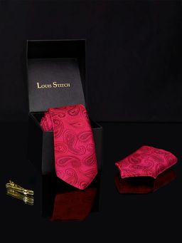 Louis Stitch - Mens Venetian Red Silk Neck Tie Accessory Gift Set