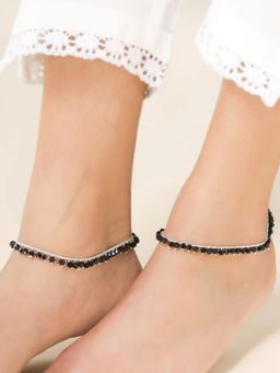 VIRAASI - Silver Plated Set of 2 Black Beads Anklet