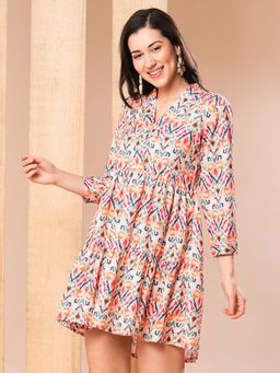 Globus - Women Multi V-Neck Cuff Sleeves All Over Ikat Printed A-Line Dress