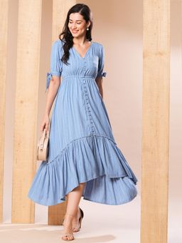 Globus - Women Blue Self Design Gathered Waist High-Low Hem Fit & Flare Midi Dress