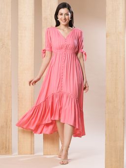 Globus - Women Pink Self Design Gathered Waist High-Low Hem Fit & Flare Midi Dress