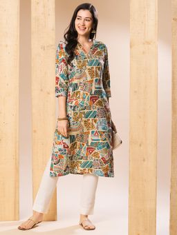 Globus - Women Multi Printed Swarovski Studded Straight Kurta
