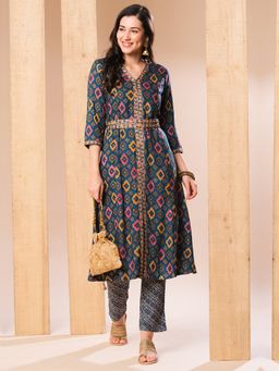 Globus - Women Blue Embroidered Placket A-Line Kurta with Pants Belt (Set of 3)