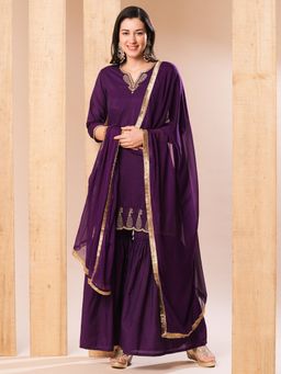 Globus - Women Purple Embroidered Neckline Kurti with Sharara Dupatta (Set of 3)