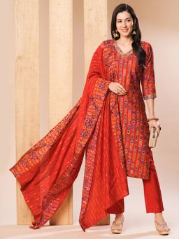 Globus - Women Red Embroidered Neckline Printed Kurta with Pants Dupatta (Set of 3)